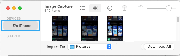 Select iPhone On Image Capture Screen on Mac