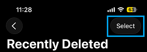 Select Photos Option in Recently Deleted Folder on iPhone