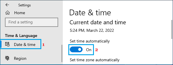 Set Time Automatically in Windows 10