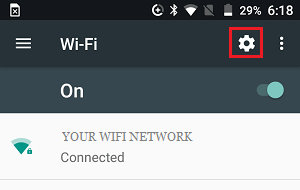 رمز الإعدادات على شاشة Android WiFi