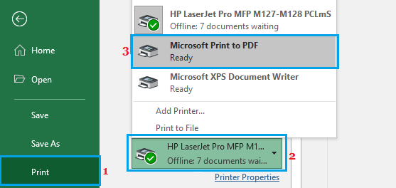 Select Microsoft PDF Printer on Windows Computer