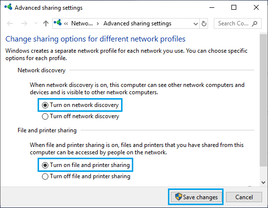 Turn ON Network Discovery, File and Printer Sharing