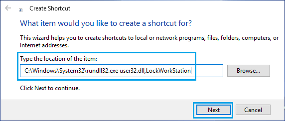 Create Shortcut to Lock Screen in Windows 10