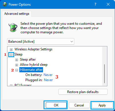 Disable hibernation Using Advanced Power Options