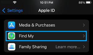 Find My Settings Tab on iPhone