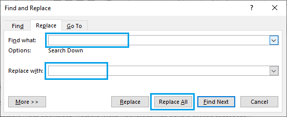 Find and Replace Dialogue Box in Microsoft Word
