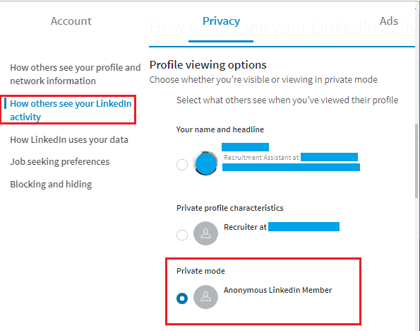 Privacy Mode Option on LinkedIn