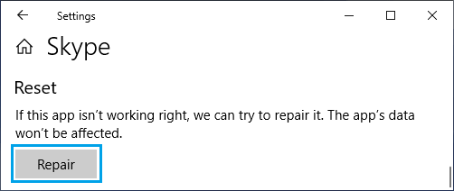 Repair Skype option in Windows 10