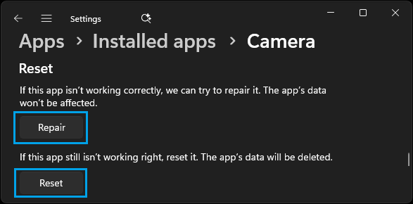Reset & Repair Camera App