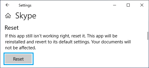 Reset Skype Option in Windows 10