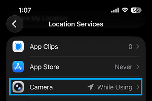 Select Camera App on Location Services Screen