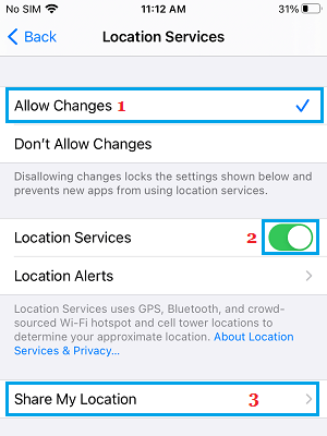 Share My Location Option on Location Services Screen