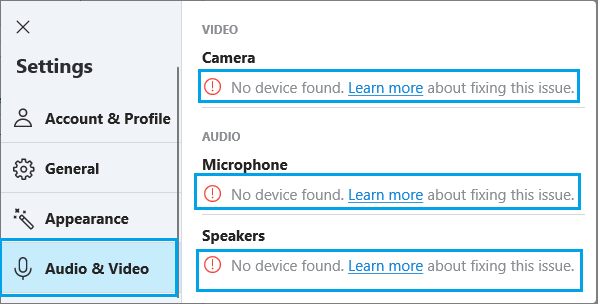 Skype Error Messages on Audio and Video Screen