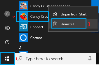 Uninstall Windows App or Program Using Start Menu