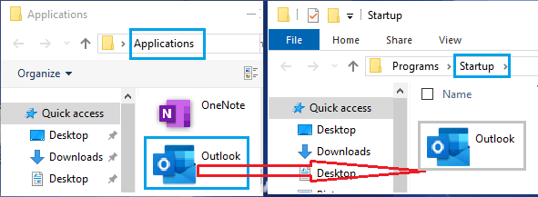 Add Outlook to Windows Startup Folder