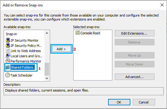 Add Shared Folders Snap-in