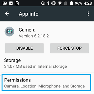 Camera App Persmission tab on Android Phone