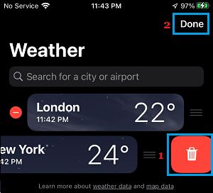 Eliminar ciudad de la aplicación Weather en iPhone