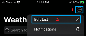 Edit List Option in iPhone Weather App 