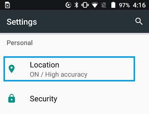 Location tab on Android Settings Screen