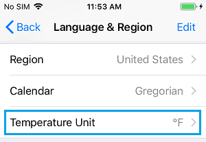 Temperature Unit Settings Option on iPhone