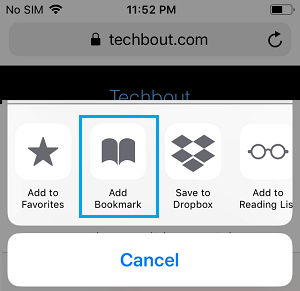 Add to Bookmark Option on iPhone Safari Browser