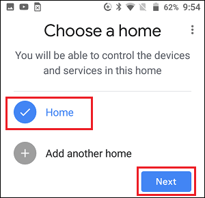 Choose Home for Chromecast Device