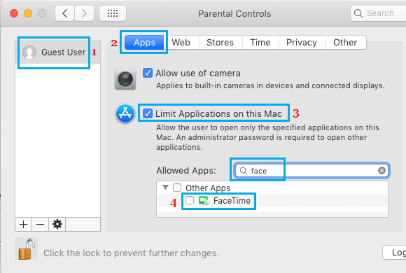 Limit Applications option on Mac Parental Controls Screen