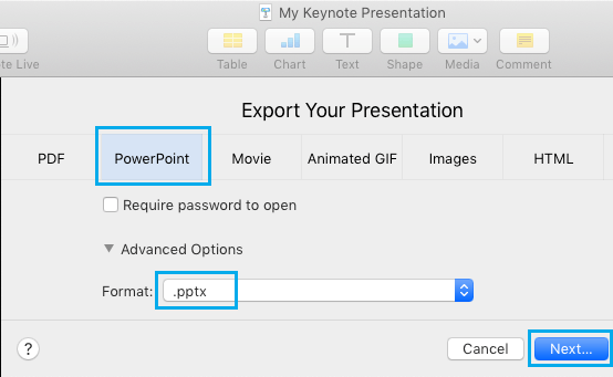 Opciones de exportación de presentaciones de Keynote en Mac