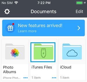 iTunes Folder in Documents App on iPhone