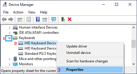 Open Keyboard Properties on Device Manager screen