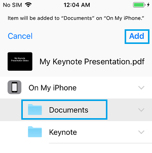 Agregar archivo Keynote a la carpeta Documentos en iPhone