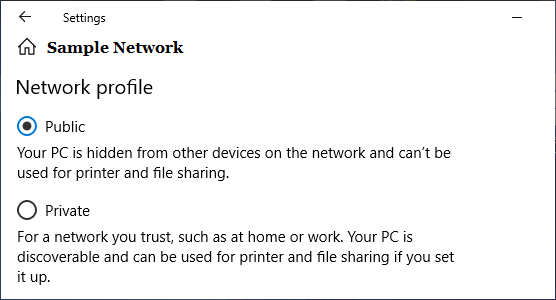 Select Public or Private Network in Windows 10