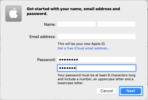 Enter Name, Password to Create Apple ID
