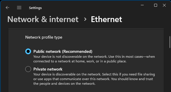 Select Network Type Option in Windows 11