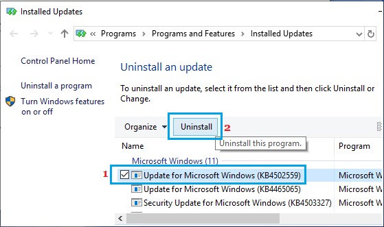 Uninstalled Selected Windows Updates