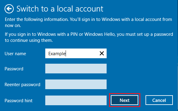 Setup Password on Windows Switch to Local Account Screen