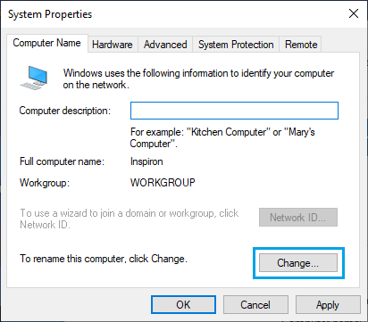 Change Computer Name Option on System Properties Screen
