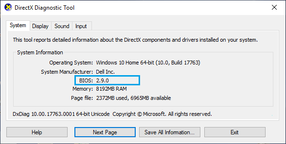 Find BIOS Version Using DirectX Tool