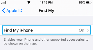 Find My iPhone Settings Option on iPhone