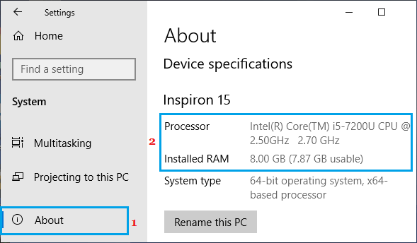 Windows Device Specifications on Settings Screen