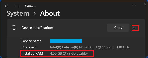 RAM Capacity on Windows 11 Settings Screen