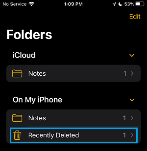 Recently Deleted Notes Folder on iPhone