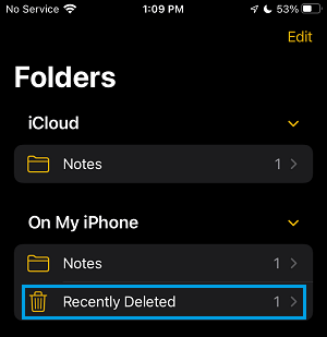 Ordner „Zuletzt Gelöschte Notizen“ Auf Dem Iphone