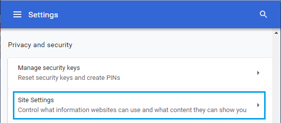 Site Settings Option in Chrome