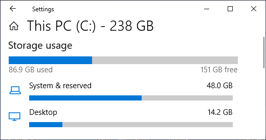 Device Storage Details on Windows Settings Screen