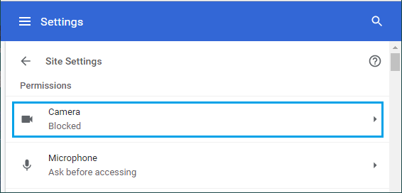 Camera Access Settings Option in Google Chrome