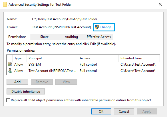 Change Folder Owner Option in Windows 