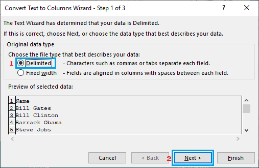 Select Data Type in Excel Text to Columns Wizard