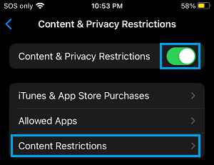 Content Restrictions Settings Option on iPhone